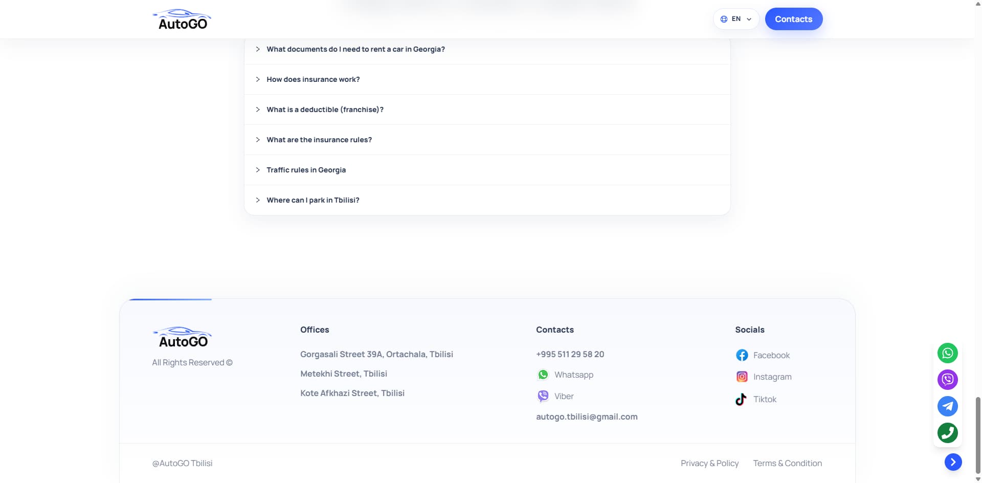 AutoGO Tbilisi — FAQ and footer with contact information