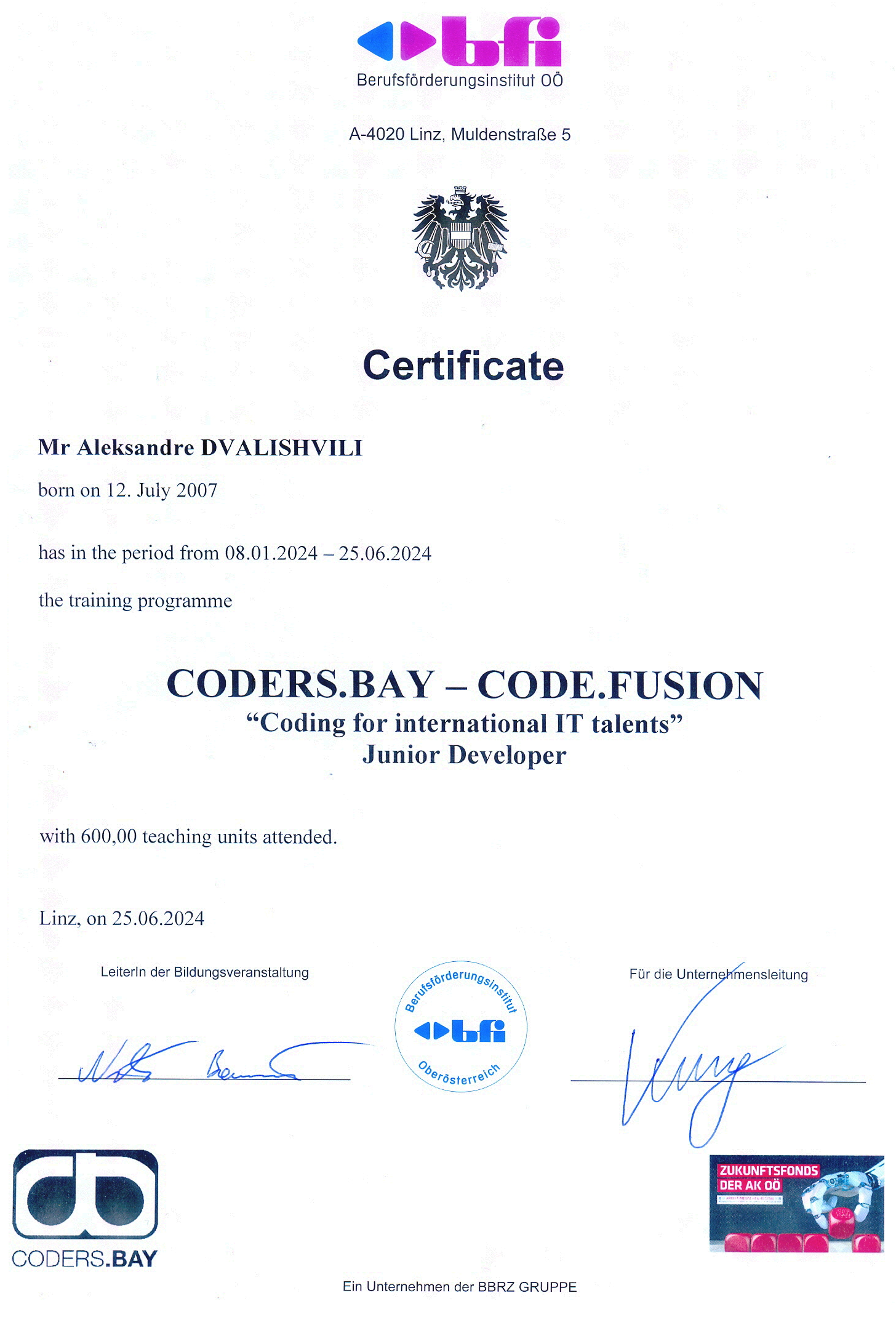 CODERS.BAY / BFI Oberösterreich CODE.FUSION Junior Developer certificate