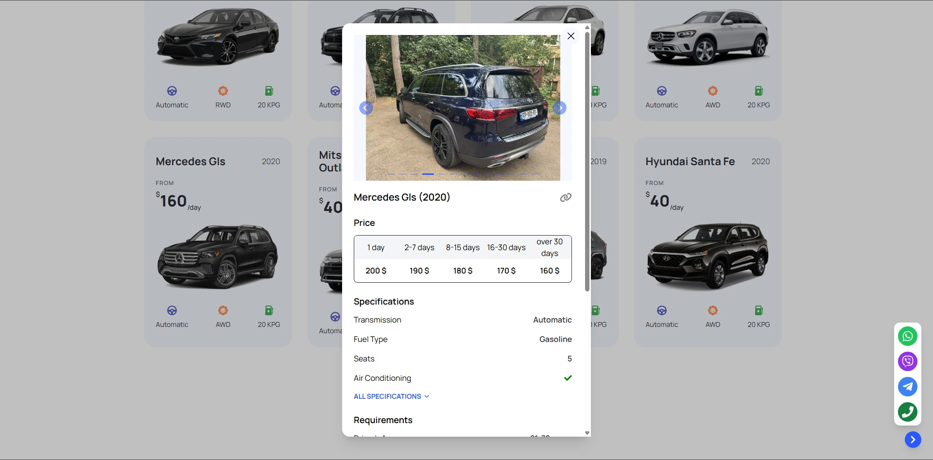 AutoGO Tbilisi — Vehicle detail panel with specifications