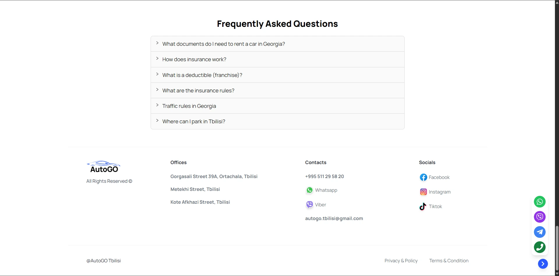 AutoGO Tbilisi — FAQ and footer with contact information
