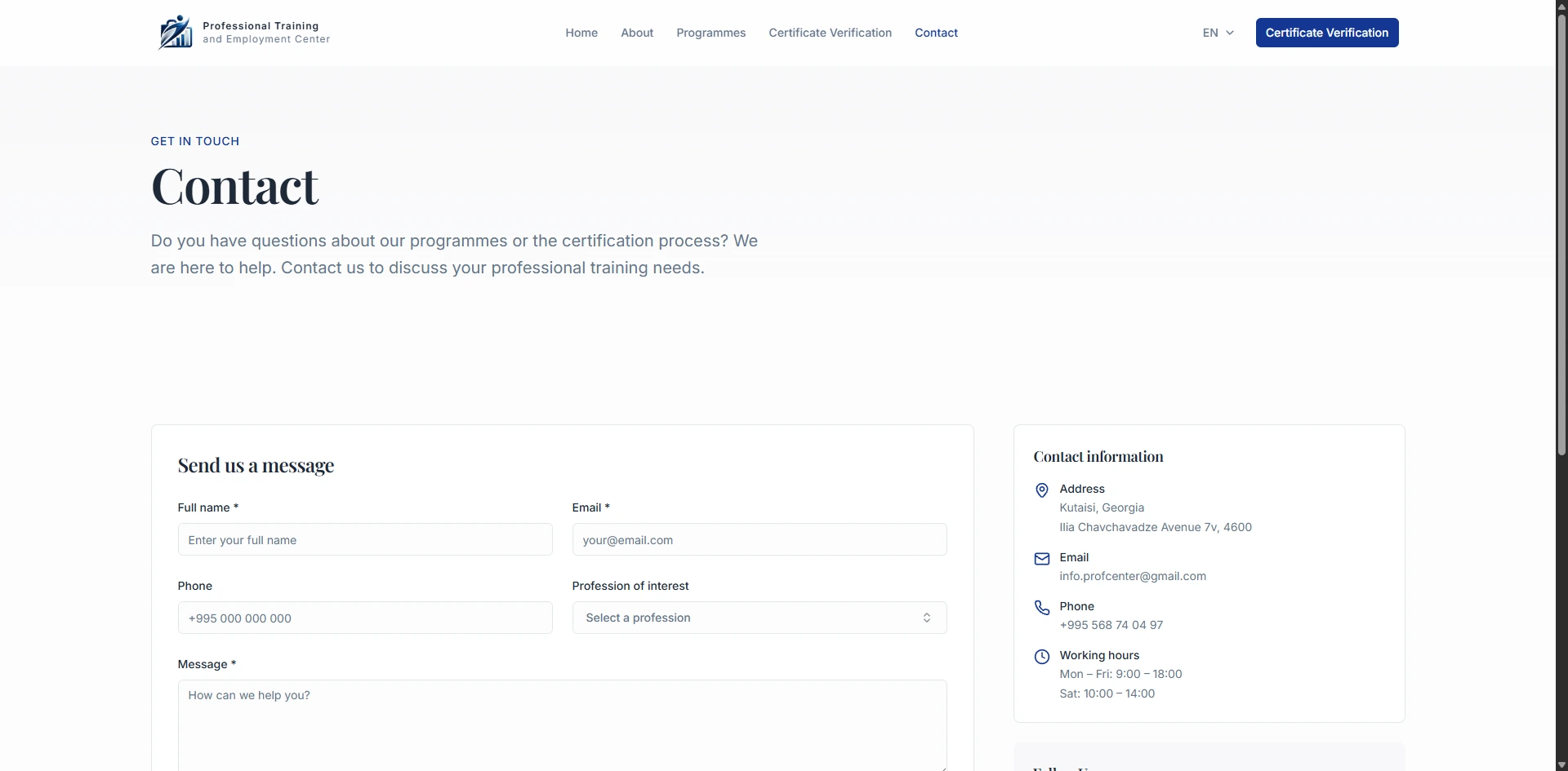 Professional Training and Employment Center — Contact and enquiry flow
