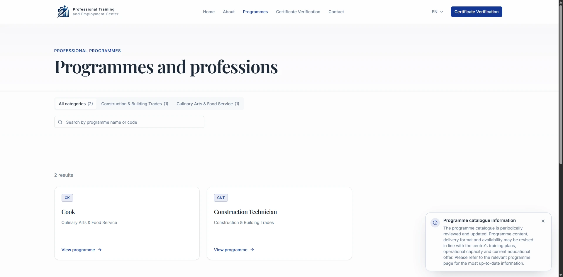 Professional Training and Employment Center — Programme catalogue