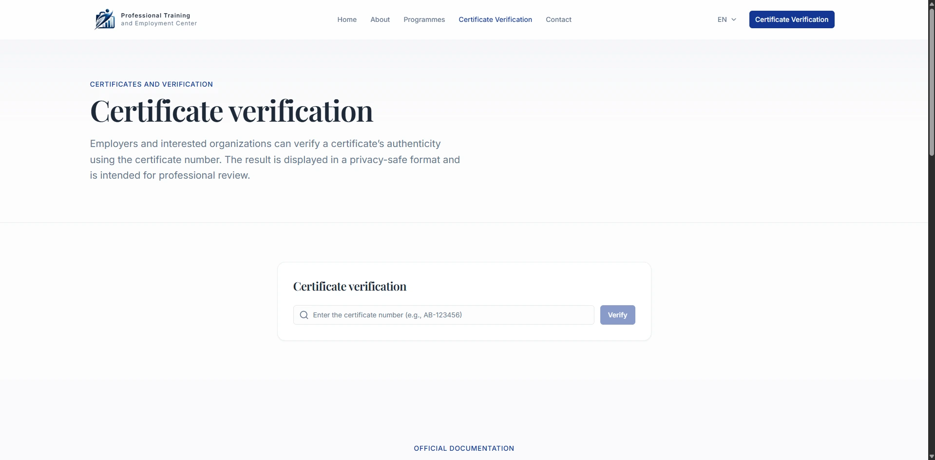 Professional Training and Employment Center — Public certificate verification